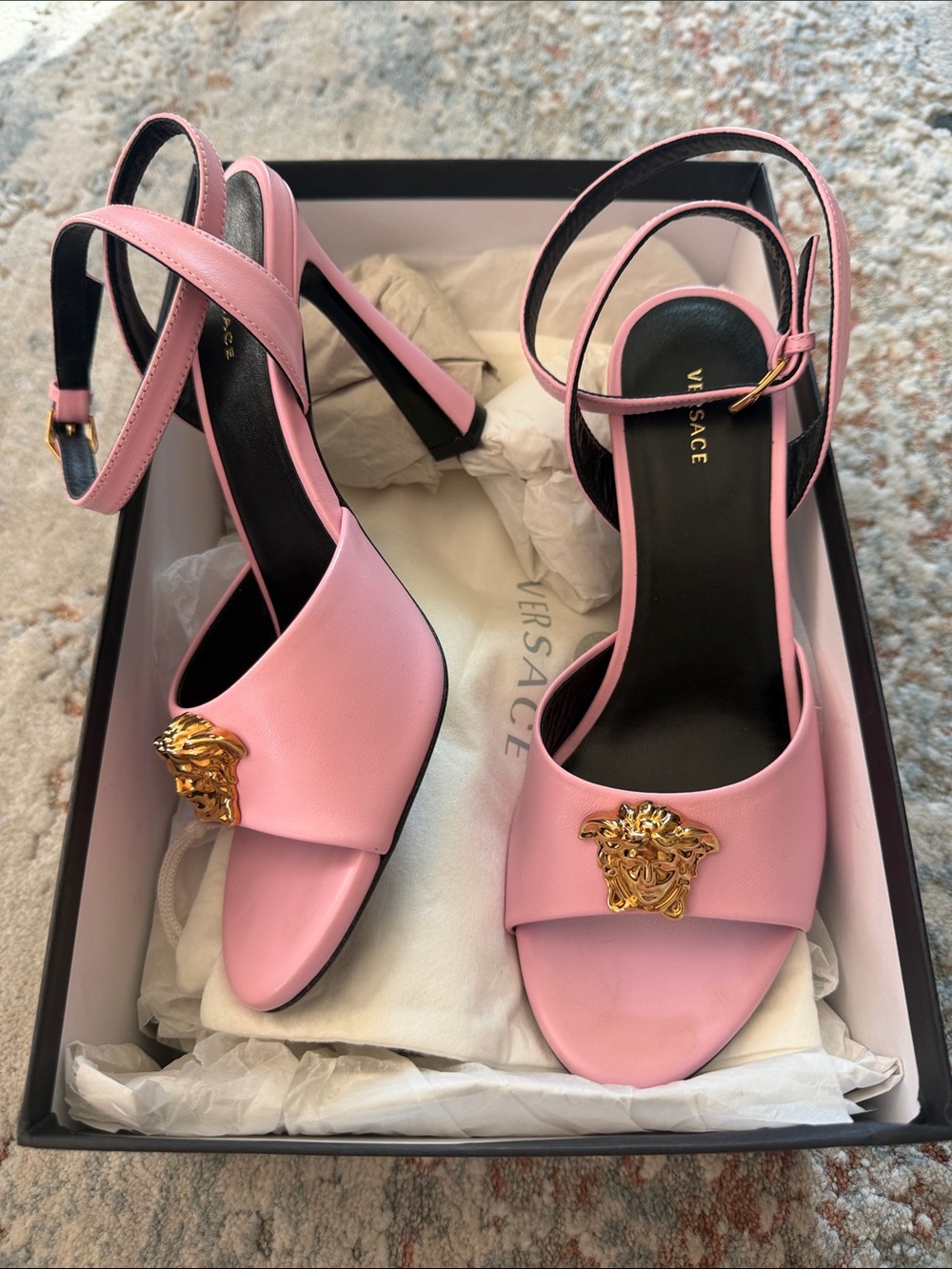 Versace Pink Leather Medusa Open-Toe Slingback Heels with Gold Emblem